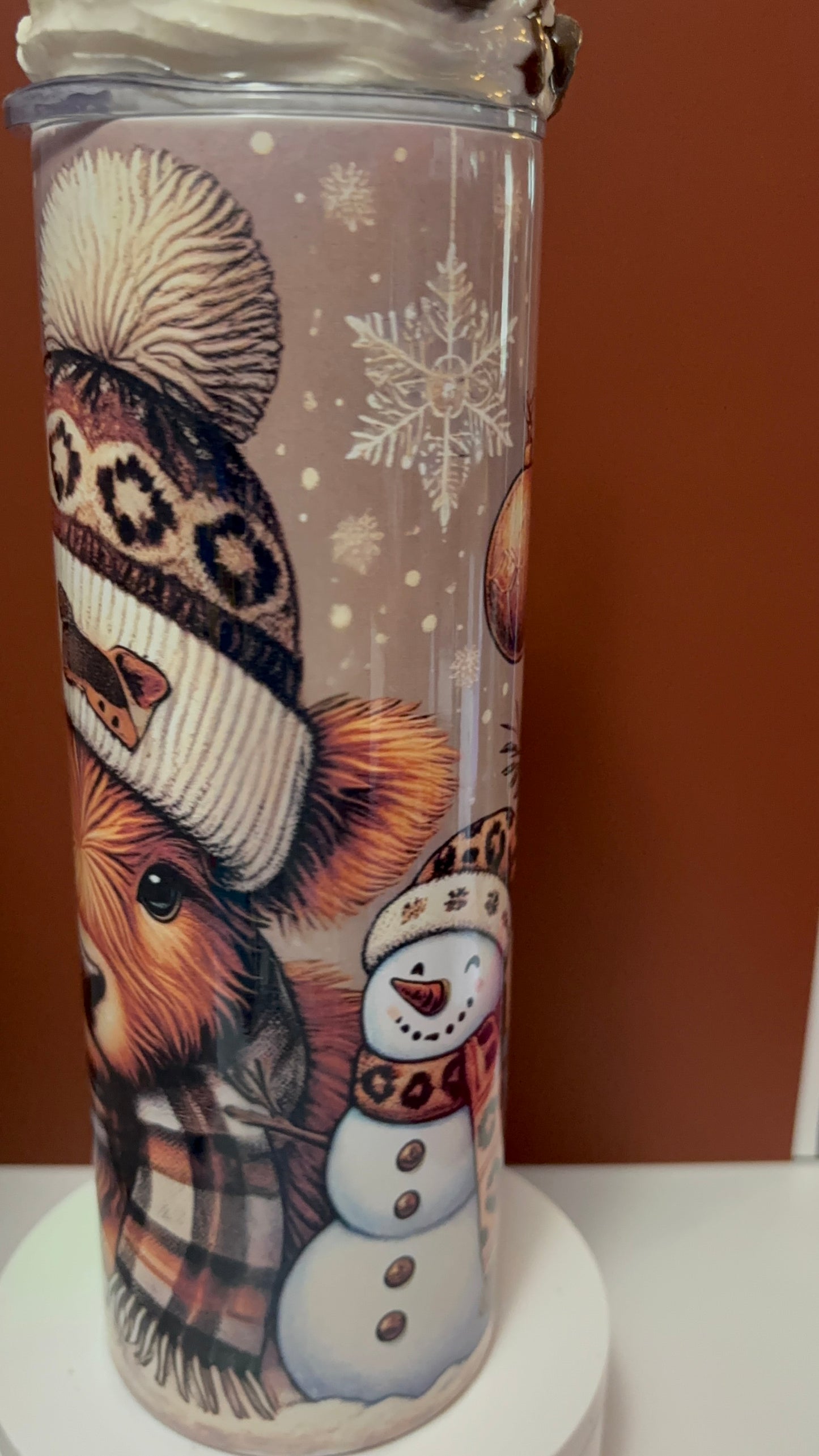 🐮 Winter Highland Cow Tumbler with Custom Chocolate Topper 🍫✨