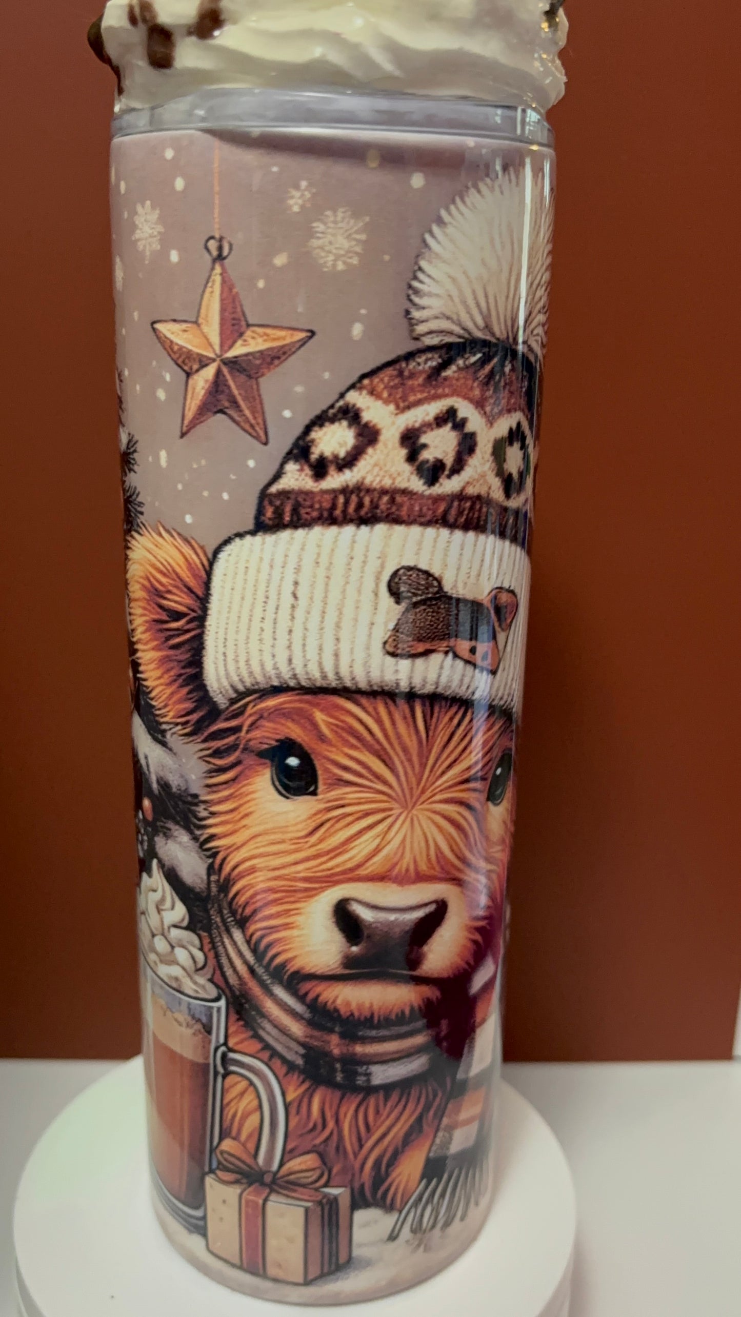 🐮 Winter Highland Cow Tumbler with Custom Chocolate Topper 🍫✨